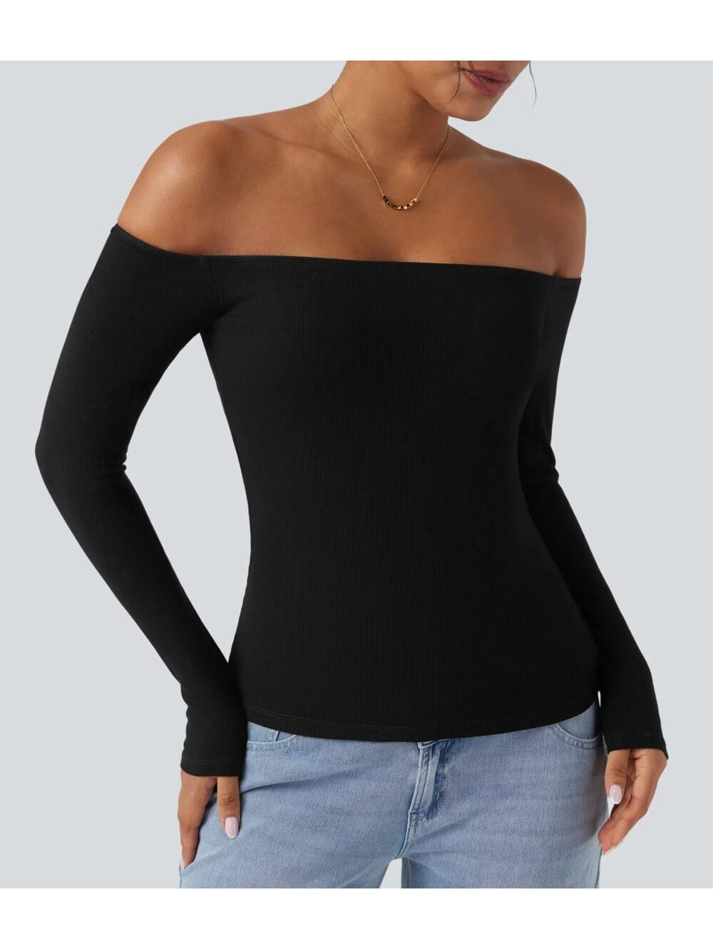 Halara Ribbed Knit Off Shoulder Long Sleeve 2-in-1 Casual Top Black Size XL - Picture 8 of 9